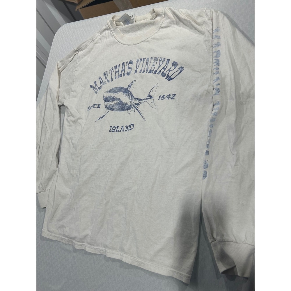 Marthas Vineyard Island Shark Long Sleeve Graphic T-Shirt Cream Mens Medium